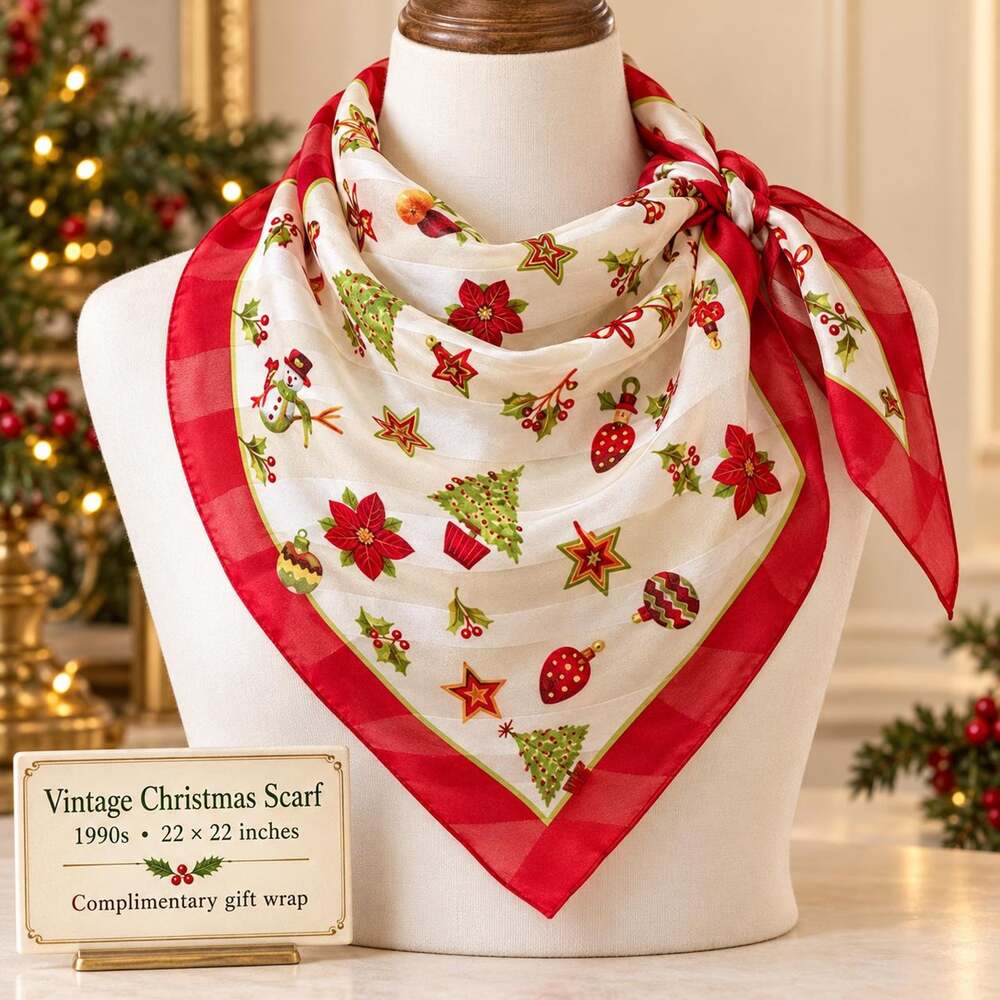 Vintage 1990s Christmas Scarf Poinsettia Snowman Holly Red Satin Stripe 22x22